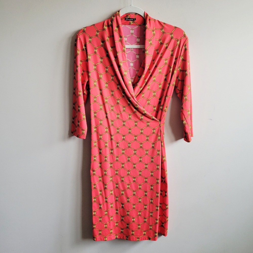 J. Mclaughlin Faux Wrap Dress Catalina Cloth Stretch Equestrian Buckle Print